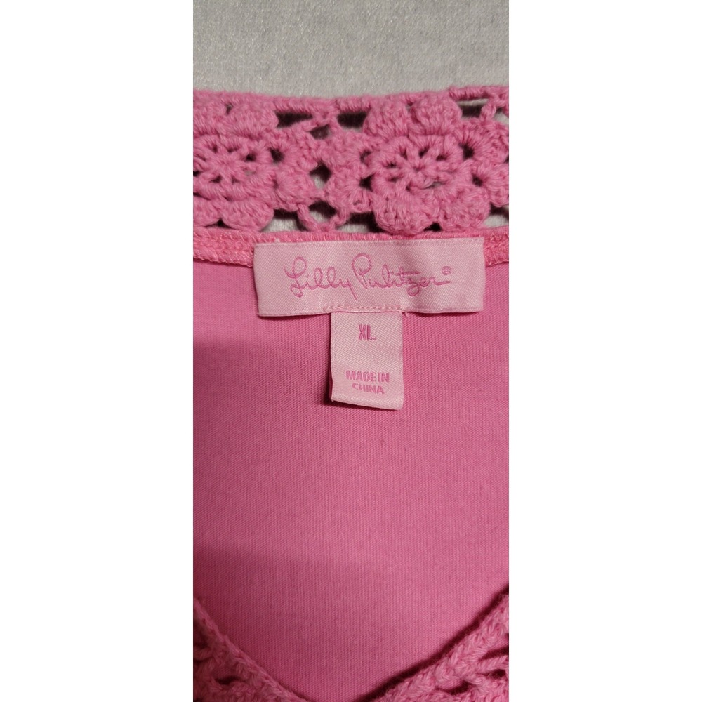 Pink W Crochet Trim Ss Lilly Pulitzer Top With Drawstring Sleeves Size XL - Picture 3 of 9